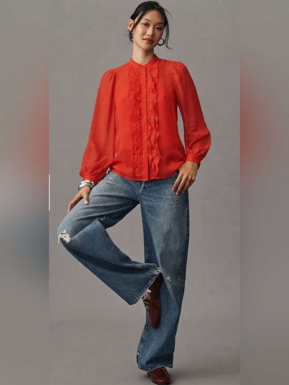 ​Maeve Anthropologie Red Ruffle Button Front Blouse Top Size M